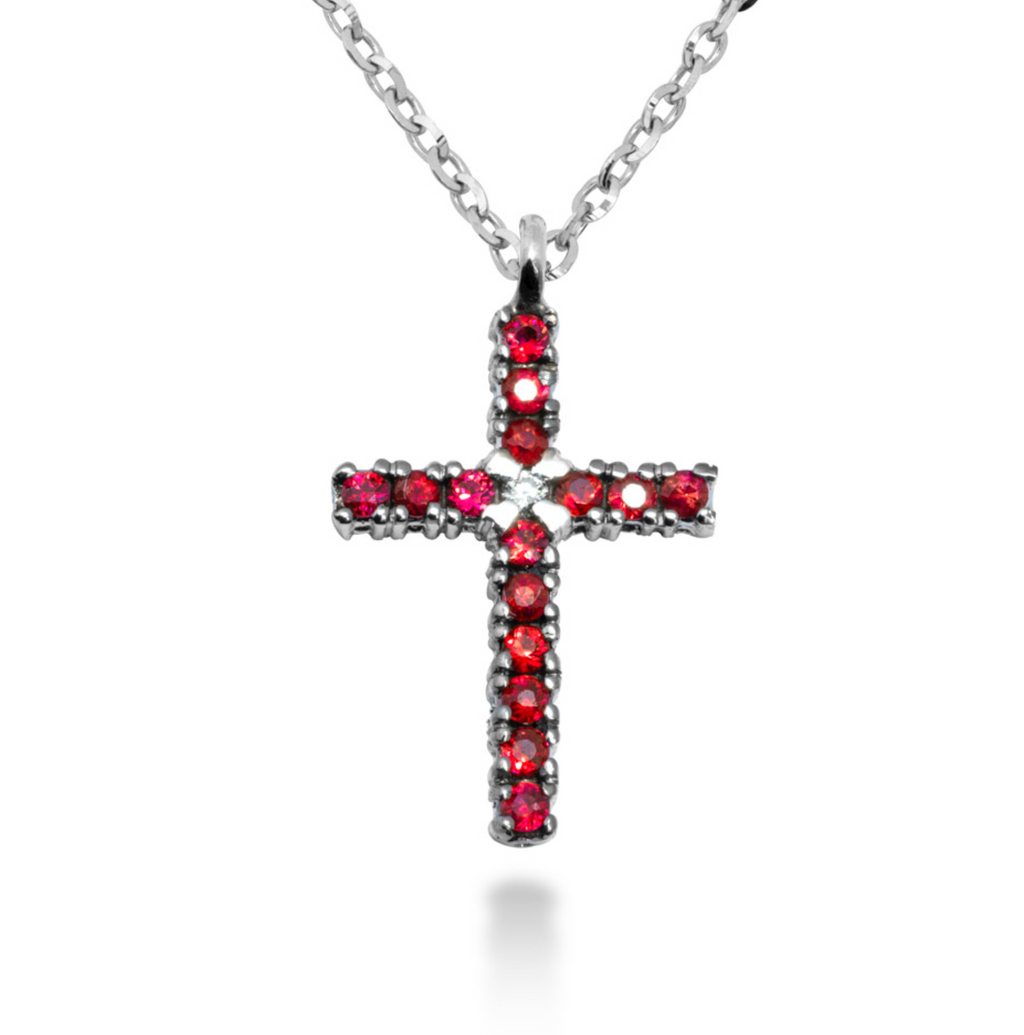 COLLANA CROCE STILIZZATA IN ORO 18 KT CON DIAMANTE E RUBINI